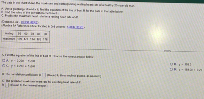 The data in the chart shows the maximum and corresponding resting heart rate of a healthy 20-year old man
A. Use a graphing calculator to find the equation of the line of best fit for the data in the table below
1 F ind the valse of the conrstation cocficient i
C. Predict the maximum heart rato for a resting heart rats of 4
(Dermos Lak - CLICK HERE)
(Algsitra 1A Rieference Sheet located in 3ed column - CLICK HERE)
A. Find the equation of the fine of best 9. Choose the correct answer below
y=0.20x-159.0
C y=0.20x+159.8
B. y=1590
D. y=155(x+0.20
B. The corrvlation confficient r is □ (Round to theee decimal places, as needed.)
C. The prodicted muximum heart rato for a resting head rate of 41
□ (Round to the nearest itegor )