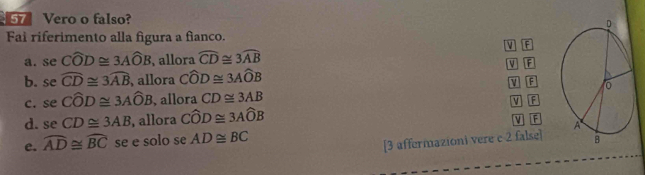 Vero o falso?
Fai riferimento alla figura a fianco.
v F
a. se Cwidehat OD≌ 3Awidehat OB , allora widehat CD≌ 3widehat AB
M F
b. se widehat CD≌ 3widehat AB , allora Cwidehat OD≌ 3Awidehat OB
V F
c. se Cwidehat OD≌ 3Awidehat OB , allora CD≌ 3AB
V F
d. se CD≌ 3AB , allora Cwidehat OD≌ 3Awidehat OB
M F
e. widehat AD≌ widehat BC se e solo se AD≌ BC
[3 affermazioni vere e 2 false]