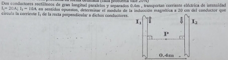 la detansna (eana problema vale 209)
Dos conductores rectilíneos de gran longitud paralelos y separados 0.4m , transportan corriente eléctrica de intensidad
I_1=20A;I_2=10A
circula la corriente I_1 en sentidos opuestos, determinar el modulo de la inducción magnética a 20 cn del conductor que
de la recta perpendicular a dichos conductores.