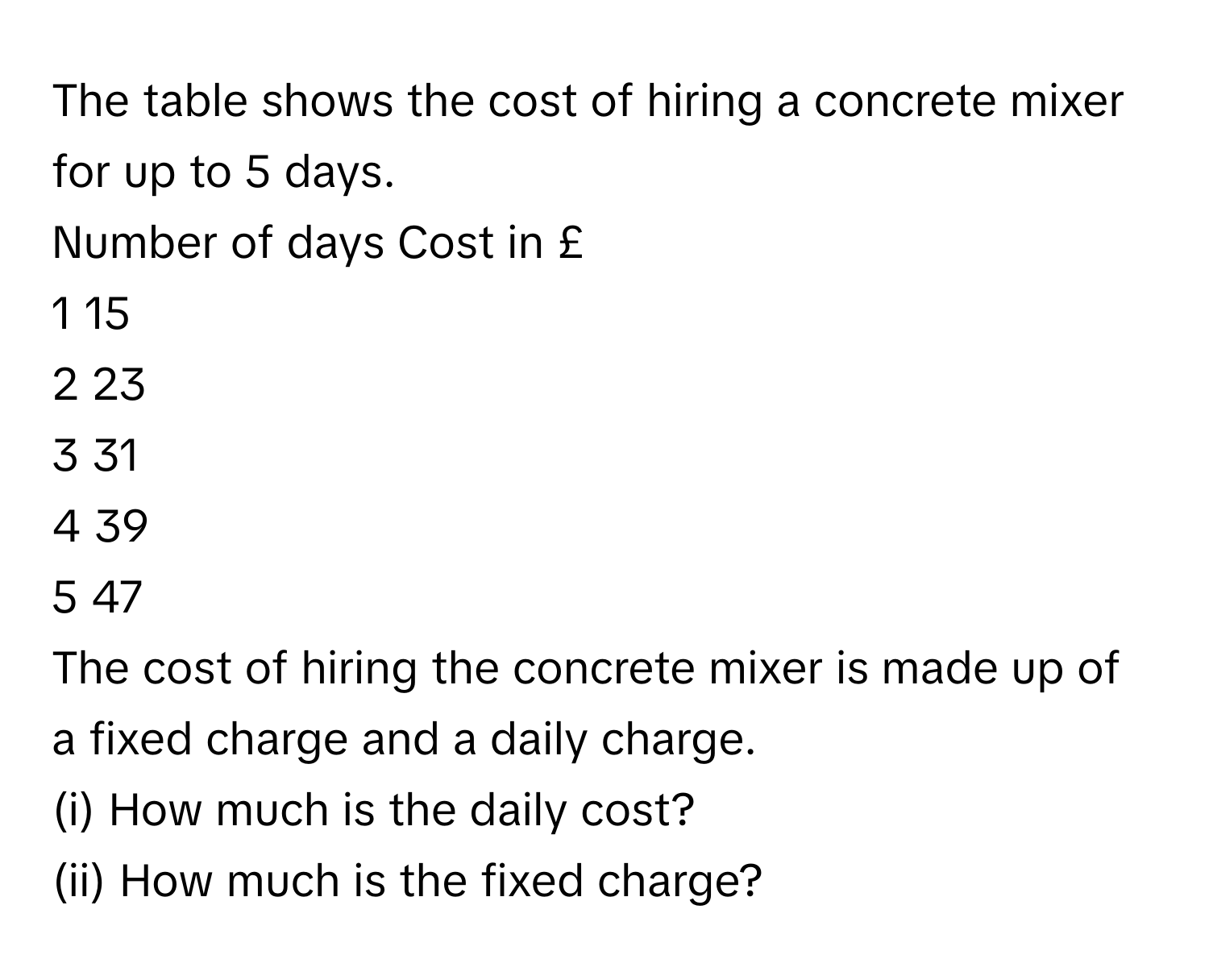 The table shows the cost of hiring a concrete mixer for up to 5 days.

Number of days     Cost in £
1                     15
2                     23
3                     31
4                     39
5                     47

The cost of hiring the concrete mixer is made up of a fixed charge and a daily charge. 
(i) How much is the daily cost?
(ii) How much is the fixed charge?