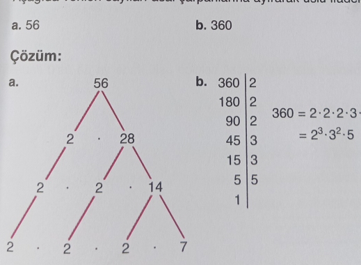 360
Çözüm:
a
360=2· 2· 2· 3
=2^3· 3^2· 5
2