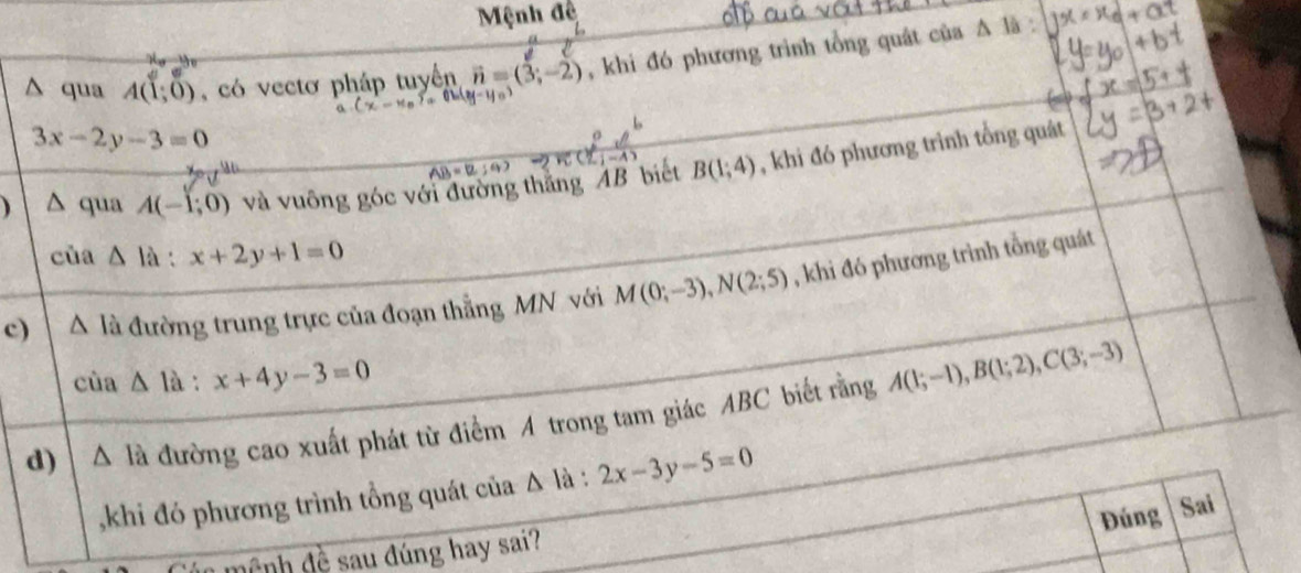 Mệnh đề 
qua A(1;0) , có vectơ pháp tuyển vector n=(3;-2) , khi đó phương trình tổng quát của Δ là :
3x-2y-3=0
1 qua A(-1;0) và vuông góc với đường thắng AI B biết B(1;4) , khi đó phương trình tổng quât 
của △ la:x+2y+1=0
c) △ I à đường trung trực của đoạn thẳng MN với M(0;-3), N(2;5) , khi đó phương trình tổng quát 
của △ 1a : x+4y-3=0
d) △ Ia đường cao xuất phát từ điểm A trong tam giác ABC biết rằng A(1;-1), B(1;2), C(3;-3)
,khi đó phương trình tổng quát của . △ là : 2x-3y-5=0
Đúng  Sai 
mệnh đề sau đúng hay sai?