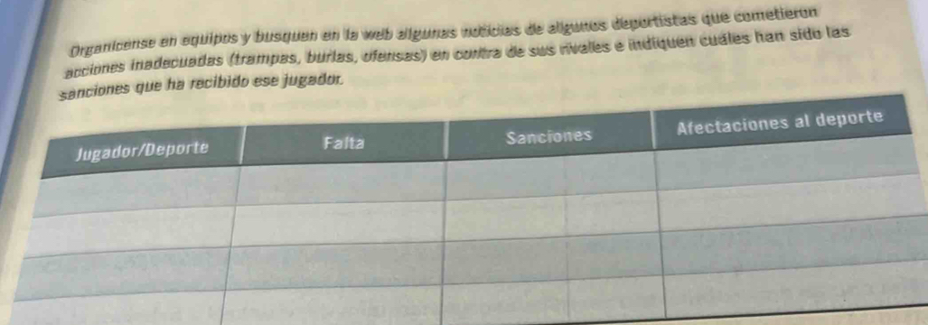 Organicense en equipos y busquen en la web algunas noticias de algunos deportistas que cometierón 
accioes inadecuadas (trampas, burlas, ofensas) en contra de sus rivales e indiquen cuáles han sido las 
nes que ha recibido ese jugador.