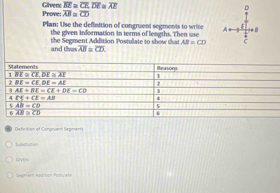 Given: overline BE≌ overline CE,overline DE≌ overline AE
D
Prove: overline AB≌ overline CD
Plan: Use the definition of congruent segments to write A E B
the given information in terms of lengths. Then use
the Segment Addition Postulate to show that AB=CD C
and thus overline AB≌ overline CD.
Definition of Congruent Segments
Substiution
GIVEN
Segment Addition Postulate