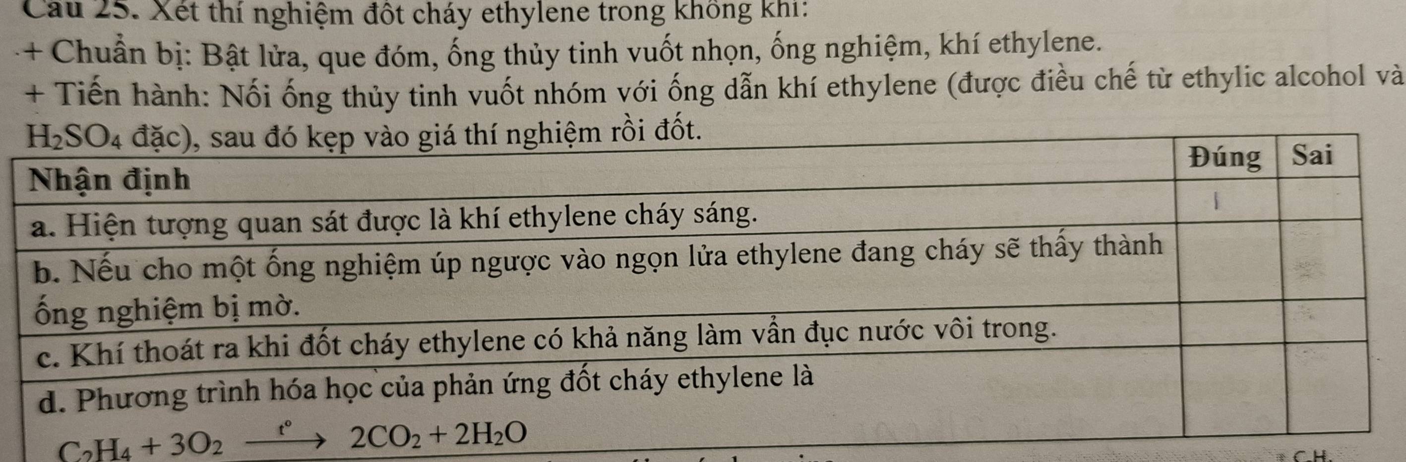 Cầu 25. Xét thí nghiệm đột cháy ethylene trong không khí:
-+ Chuẩn bị: Bật lửa, que đóm, ống thủy tinh vuốt nhọn, ống nghiệm, khí ethylene.
+ Tiến hành: Nối ống thủy tinh vuốt nhóm với ống dẫn khí ethylene (được điều chế từ ethylic alcohol và