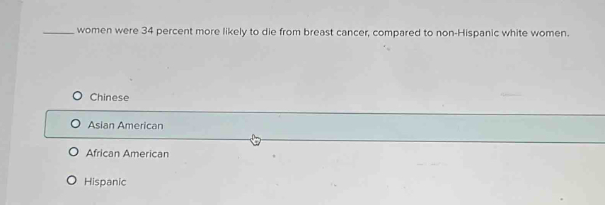 women were 34 percent more likely to die from breast cancer, compared to non-Hispanic white women.
Chinese
Asian American
African American
Hispanic