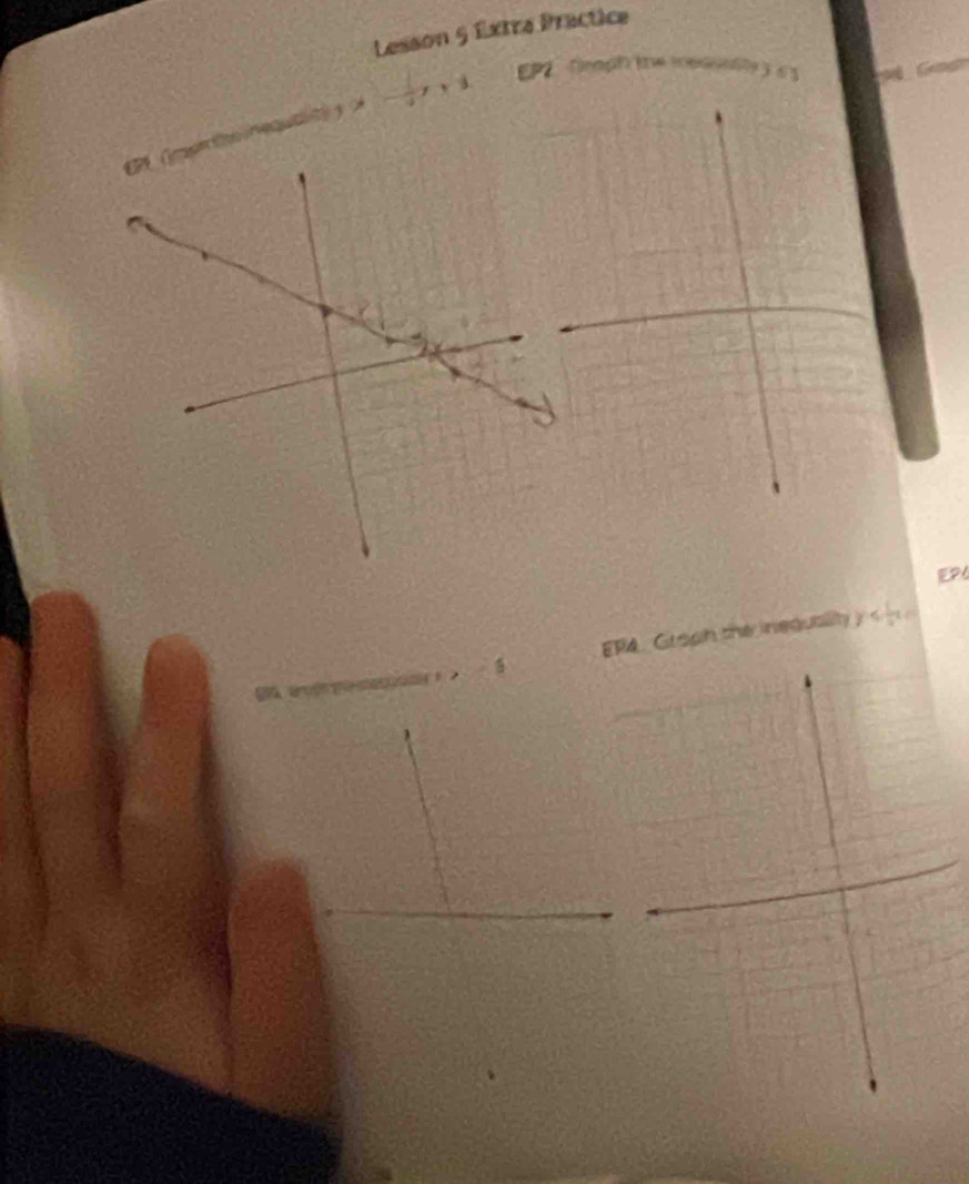 Lesson 5 Extra Practice 
inequait) y ) downarrow - 1/4 , +1 EP2 fraph te medunlty y s 
EP 
EP4 Groph the inequalty y≤slant  1/x ,