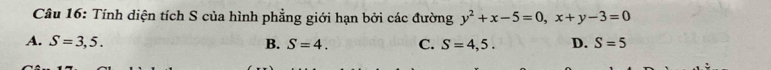 Tính diện tích S của hình phẳng giới hạn bởi các đường y^2+x-5=0, x+y-3=0
A. S=3,5. B. S=4. C. S=4,5. D. S=5