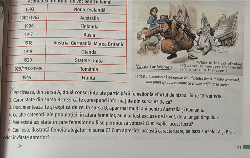 Acordarea dréptulul de vot pentru femei 
În timp ce voteoză, 
dna Jones īși aduce aminte că a lăsat prăjitura la cuptor. 
1. Precizează, din sursa A, două consecinţe ale participării femeilor la efortul de război, între 1914 și 1918. 
2. Căror state din sursa B crezi că le corespund informaţiile din sursa A? De ce? 
3. Documentează-te și explică de ce, în sursa B, apar mai mulți ani pentru Australia și România. 
4. Ce alte categorii ale populației, în afara femeilor, au mai fost excluse de la vot, de-a lungul timpului? 
5. Mai există azi state în care femeilor nu li se permite să voteze? Cum explici acest lucru? 
6. Cum este ilustrată femeia-alegător în sursa C? Cum apreciezi această caracterizare, pe baza surselor A și B și a 
celor învățate anterior? 
41