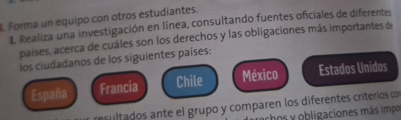 Forma un equipo con otros estudiantes. 
1. Realiza una investigación en línea, consultando fuentes oficiales de diferentes 
países, acerca de cuáles son los derechos y las obligaciones más importantes de 
los ciudadanos de los siguientes países: 
Chile México Estados Unidos 
España Francia 
resultados ante el grupo y comparen los diferentes criterios con 
arhos y obligaciones más impor