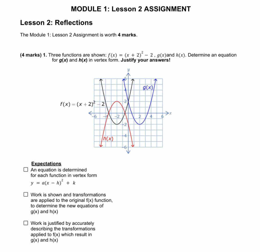 MODULE 1: Lesson 2 ASSIGNMENT
Lesson 2: Reflections
The Module 1: Lesson 2 Assignment is worth 4 marks.
(4 marks) 1. Three functions are shown: f(x)=(x+2)^2-2,g(x) and h(x). Determine an equation
for g(x) and h(x) in vertex form. Justify your answers!
Expectations
An equation is determined
for each function in vertex form
y=a(x-h)^2+k
Work is shown and transformations
are applied to the original f(x) function,
to determine the new equations of
g(x) and h(x)
Work is justified by accurately
describing the transformations
applied to f(x) which result in
g(x) and h(x)