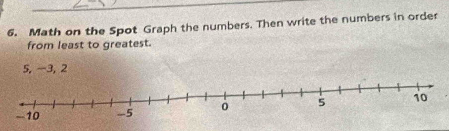 Math on the Spot Graph the numbers. Then write the numbers in order 
from least to greatest.
5, -3, 2