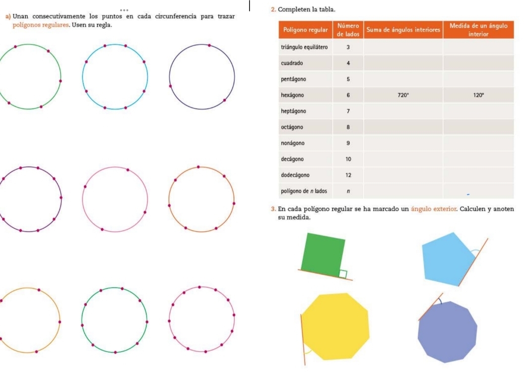 Completen la tabla.
a) Unan consecutivamente los puntos en cada circunferencia para trazar
polígonos regulares. Usen su regla. 
3. En cada polígono regular se ha marcado un ángulo exterior. Calculen y anoten
su medida.