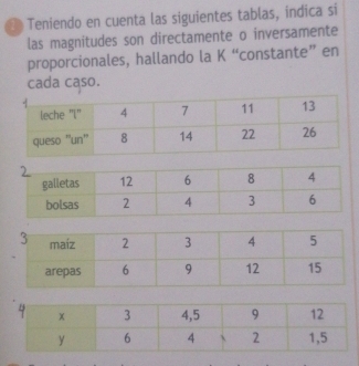 Teniendo en cuenta las siguientes tablas, indica si 
las magnitudes son directamente o inversamente 
proporcionales, hallando la K “constante” en 
cada caso.