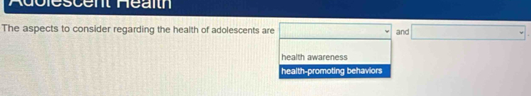 Déscent Héaî
The aspects to consider regarding the health of adolescents are □ □ and □.
health awareness
health-promoting behaviors