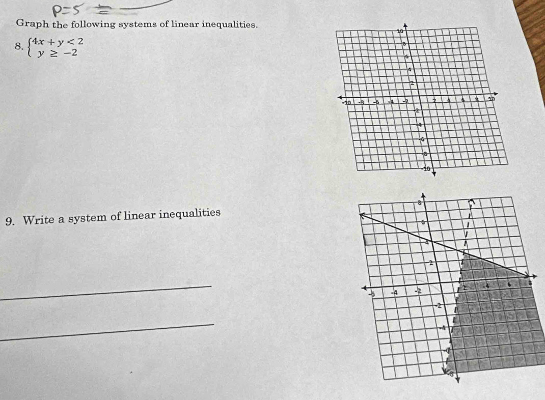 Graph the following systems of linear inequalities. 
8. beginarrayl 4x+y<2 y≥ -2endarray.
9. Write a system of linear inequalities 
_ 
_