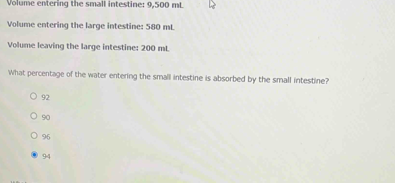 Volume entering the small intestine: 9,500 mL
Volume entering the large intestine: 580 mL
Volume leaving the large intestine: 200 mL
What percentage of the water entering the small intestine is absorbed by the small intestine?
92
90
96
94