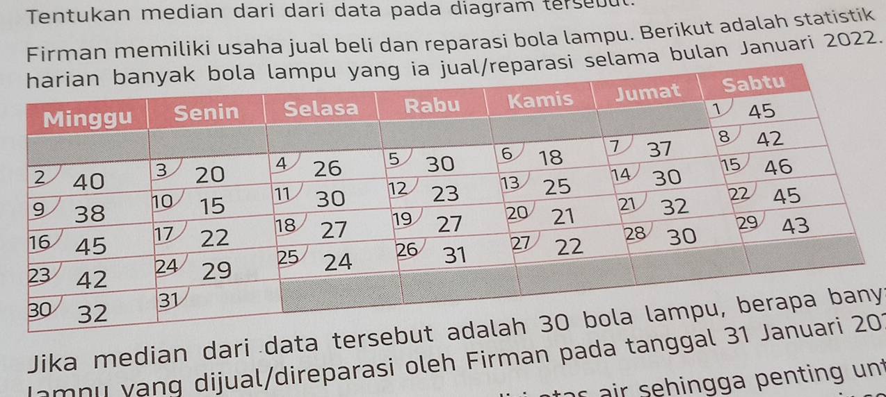 Tentukan median dari dari data pada diagram tersebu 
Firman memiliki usaha jual beli dan reparasi bola lampu. Berikut adalah statistik 
selama bulan Januari 2022. 
Jika median dari data tersey 
q ijual/direparasi oleh Firm an pada tanggal 301 
or a ir sehingga penting unt