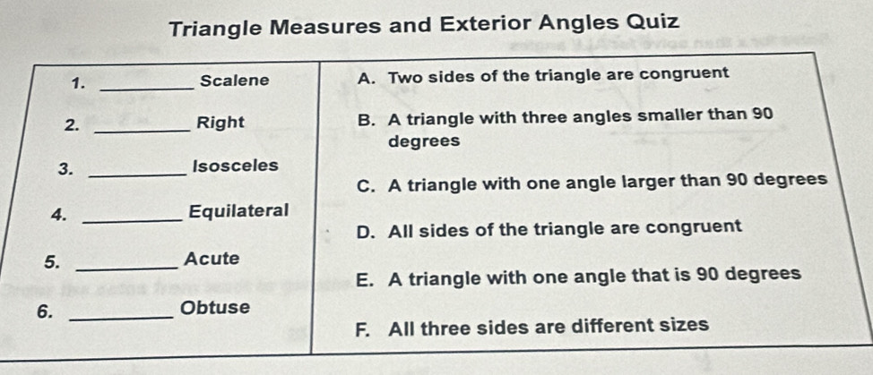 Triangle Measures and Exterior Angles Quiz