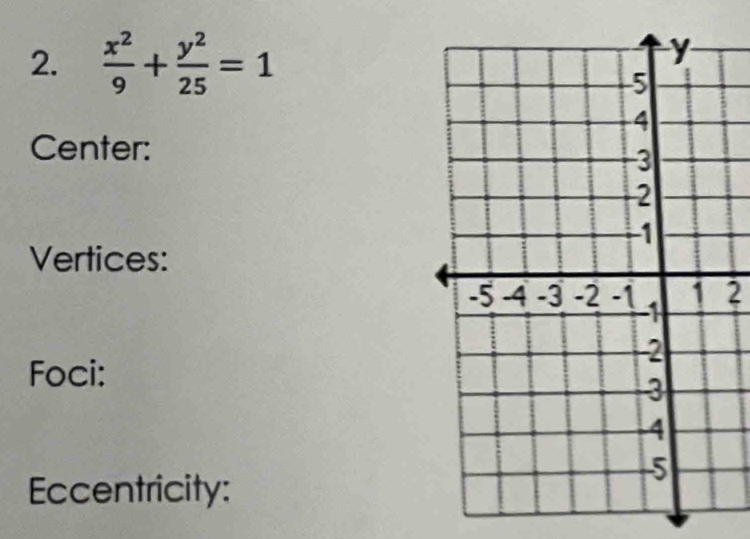 Solved: x^2/9 + y^2/25 =1 Center: Vertices: 2 Foci: Eccentricity: [Math]