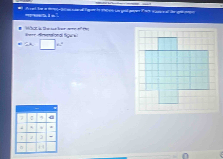 Anet for a three-dimensianal figure is shown on grd poper. Each square of the gropoper 
represents il in." 
What is the surface area of the 
three-dimensional figure?
SA=□ m^2
7 8 9
5 5
1 2 3
D