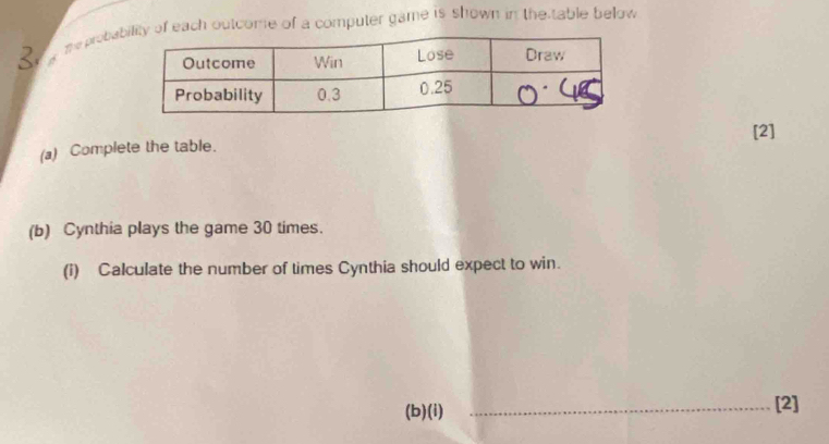 The probaty of each outcome of a computer game is shown in the table below 
[2] 
(a) Complete the table. 
(b) Cynthia plays the game 30 times. 
(i) Calculate the number of times Cynthia should expect to win. 
(b)(i) _[2]