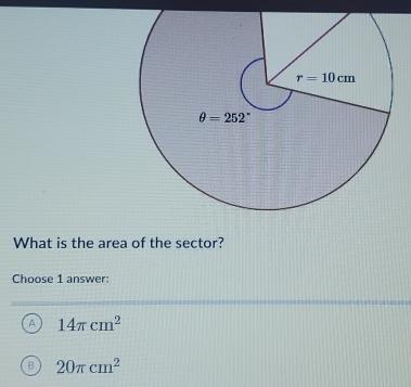 What is the area of the sector?
Choose 1 answer:
A 14π cm^2
B 20π cm^2