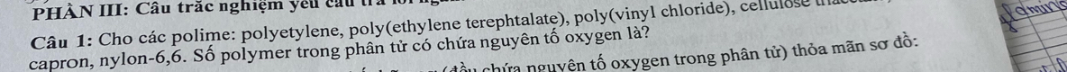 PHÀN III: Cầu trăc nghiệm yếu cầu t 
Câu 1: Cho các polime: polyetylene, poly(ethylene terephtalate), poly(vinyl chloride), cellulose l 
Omur 
capron, nylon -6, 6. Số polymer trong phân tử có chứa nguyên tố oxygen là? 
ầu chứa nguyên tố oxygen trong phân tử) thỏa mãn sơ đồ: