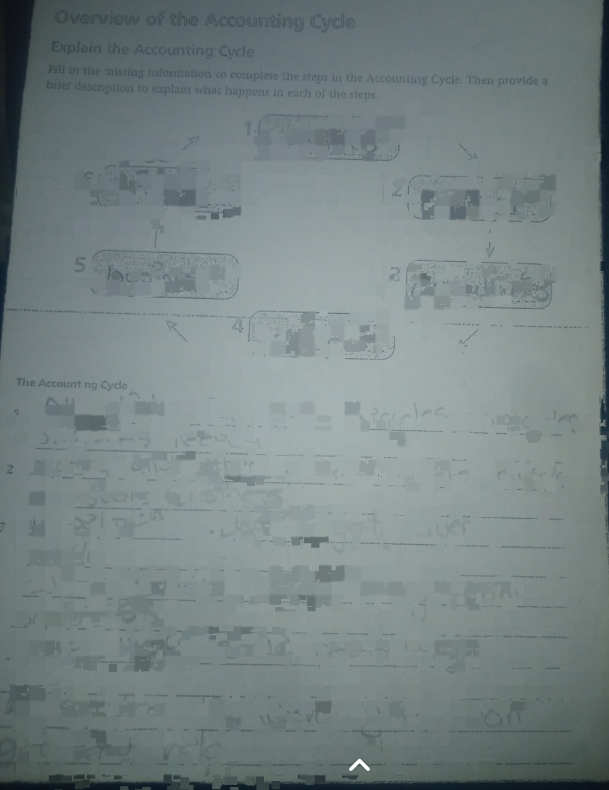 Overview of the Accounting Cycle 
Explain the Accounting Cycle 
Fill in the missing information to complete the steps in the Accounting Cycle. Then provide a 
brief description to explain what happens in each of the steps. 
The Account ng Cycle 
2