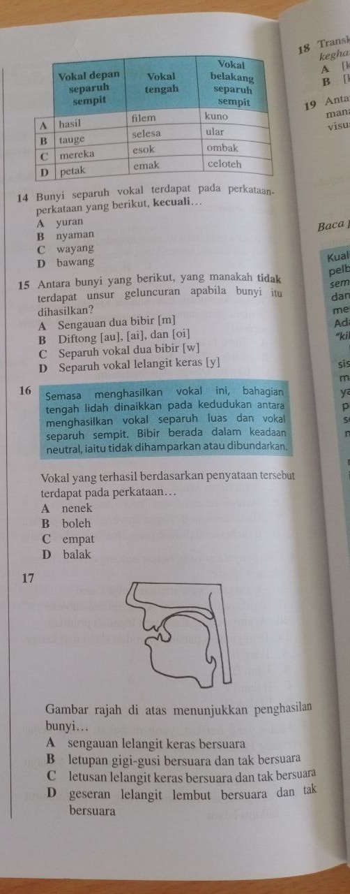 Transk
kegha
A [k
B [
19 Anta
man
visu:
14 Bunyi separuh vokal terdapat pada perkataan.
perkataan yang berikut, kecuali…
A yuran
Baca
B nyaman
C wayang
D bawang
Kual
pelb
15 Antara bunyi yang berikut, yang manakah tidak
terdapat unsur geluncuran apabila bunyi itu sem
dihasilkan? dan
me
A Sengauan dua bibir [ m ] Ad
B Diftong [ au ], [ai], dan [oi] "kii
C Separuh vokal dua bibir [ w ]
D Separuh vokal lelangit keras [ y ] sis
m
16 Semasa menghasilkan vokal ini, bahagian y
tengah lidah dinaikkan pada kedudukan antara p
menghasilkan vokal separuh luas dan vokal S
separuh sempit. Bibir berada dalam keadaan
neutral, iaitu tidak dihamparkan atau dibundarkan.
Vokal yang terhasil berdasarkan penyataan tersebut
terdapat pada perkataan…
A nenek
B boleh
C empat
D balak
17
Gambar rajah di atas menunjukkan penghasilan
bunyi...
A sengauan lelangit keras bersuara
B letupan gigi-gusi bersuara dan tak bersuara
Cletusan lelangit keras bersuara dan tak bersuara
D geseran lelangit lembut bersuara dan tak
bersuara