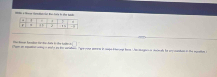 Wetle a linear function for the data in the table 
The liner function for the data in the table is □ 
Cype an equattion using x and y as the variables. Type your answer in slope-intercept form. Use integers or decimals for any numbers in the equation )