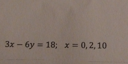 3x-6y=18; x=0,2,10