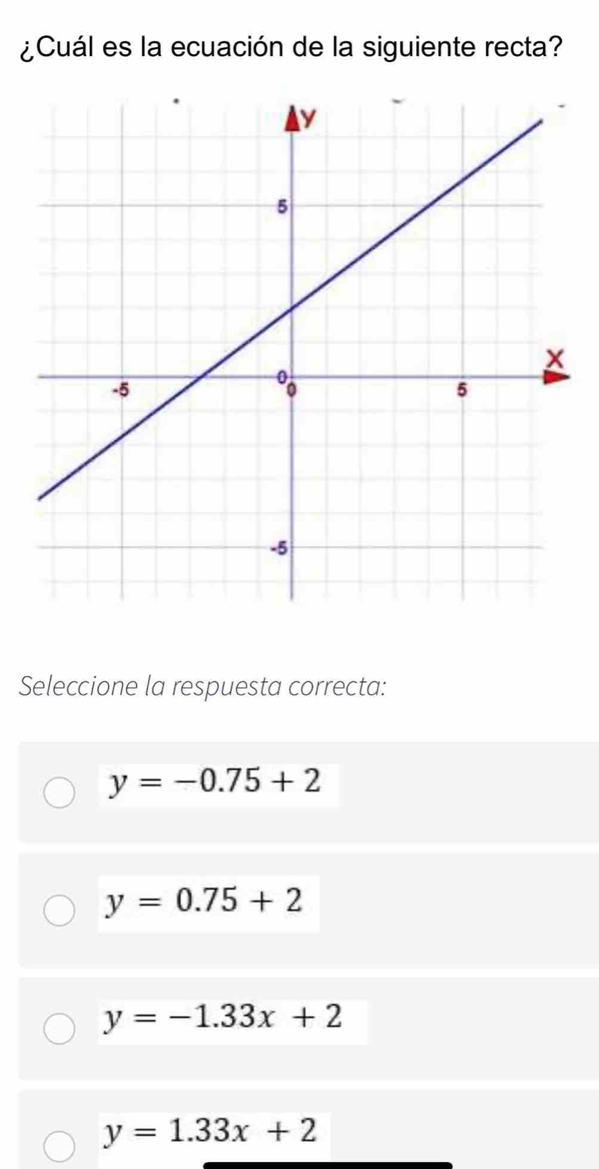 ¿Cuál es la ecuación de la siguiente recta?
Seleccione la respuesta correcta:
y=-0.75+2
y=0.75+2
y=-1.33x+2
y=1.33x+2