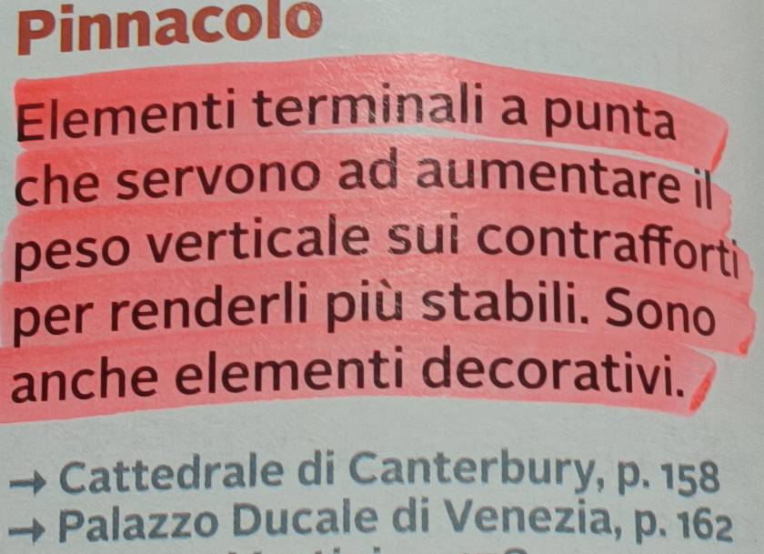 Pinnacolo 
Elementi terminali a punta 
che servono ad aumentare il 
peso verticale sui contrafforti 
per renderli più stabili. Sono 
anche elementi decorativi. 
Cattedrale di Canterbury, p. 158
Palazzo Ducale di Venezia, p. 162