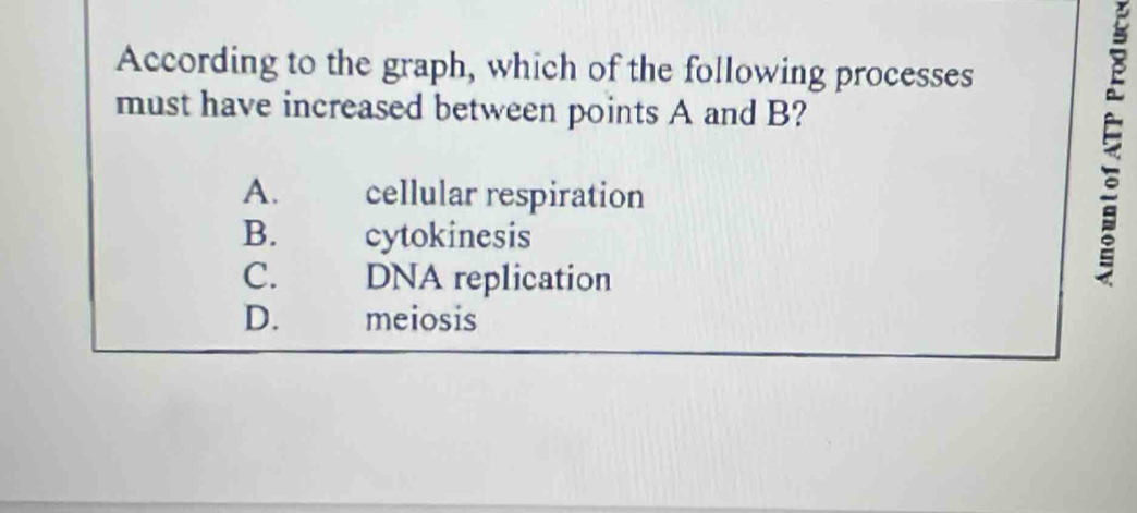 According to the graph, which of the following processes
must have increased between points A and B?
A. cellular respiration
B. cytokinesis
C. DNA replication

D. meiosis