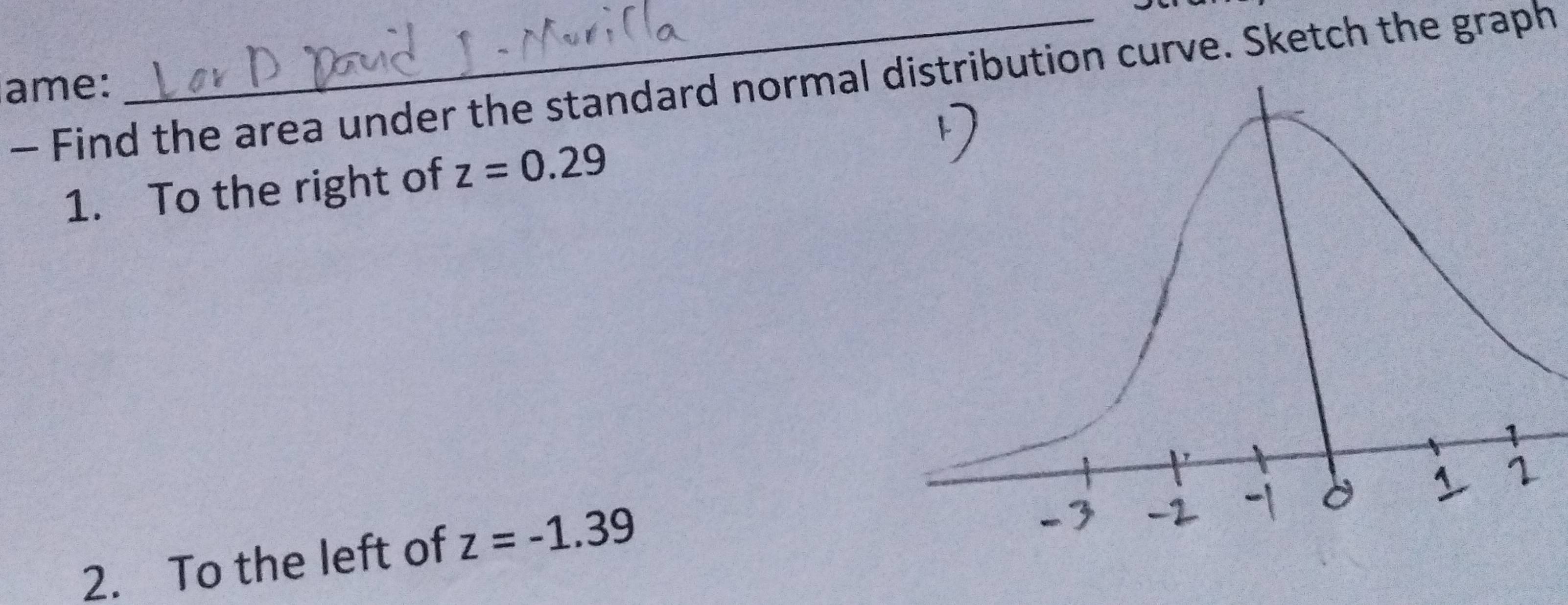 Find the area under the standard normal ribution curve. Sketch the graph 
ame: 
1. To the right of z=0.29
2. To the left of z=-1.39