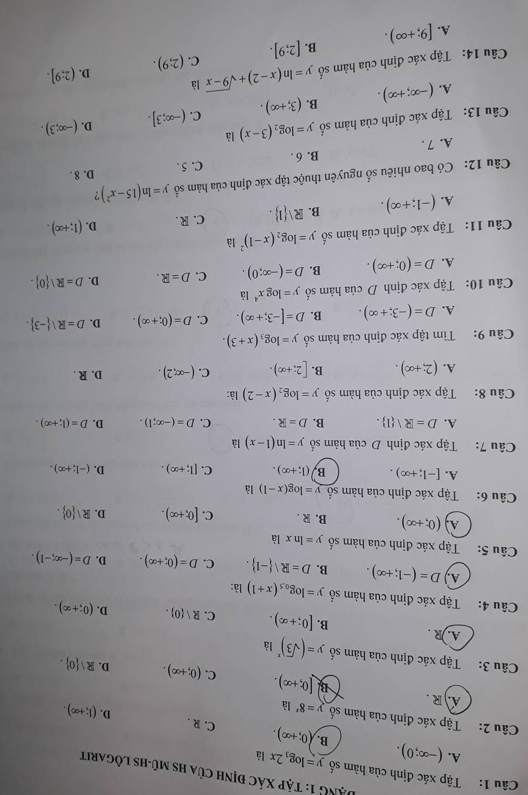 Tập xác định của hàm số y=log _32xla
DạNG 1: tập xác định của hs mũ-hs lôgarit
A. (-∈fty ;0). B. (0;+∈fty ). C. R .
Câu 2: Tập xác định của hàm số y=8^x là
D. (1;+∈fty ).
A.  R .
B [0;+∈fty ).
C. (0;+∈fty ). D. R
Câu 3: Tập xác định của hàm số y=(sqrt(3))^x là
A.)R .
B. [0;+∈fty ). C. R| 0 .
D. (0;+∈fty ).
Câu 4: Tập xác định của hàm số y=log _0.5(x+1) là:
A) D=(-1;+∈fty ). B. D=R|R| -1 . C. D=(0;+∈fty ). D. D=(-∈fty ;-1).
Câu 5: Tập xác định của hàm số y=ln xla
A. (0;+∈fty ).
B. R . C. [0;+∈fty ). D. R / 0 .
Câu 6: Tập xác định của hàm số y=log (x-1) là
A. [-1;+∈fty ).
B, (1;+∈fty ). C. [1;+∈fty ). D. (-1;+∈fty ).
Câu 7: Tập xác định D của hàm số y=ln (1-x) là
A. D=R/ 1 . B. D=R. C. D=(-∈fty ;1). D. D=(1;+∈fty ).
Câu 8: Tập xác định của hàm số y=log _2(x-2) là:
C. D. R .
A. (2;+∈fty ). B. [2;+∈fty ). (-∈fty ;2).
Câu 9: Tìm tập xác định của hàm số y=log _3(x+3).
A. D=(-3;+∈fty ). B. D=[-3;+∈fty ). C. D=(0;+∈fty ). D. D=R/ -3 .
Câu 10: Tập xác định D của hàm số y=log x^4 là
A. D=(0;+∈fty ). B. D=(-∈fty ;0). C. D=R.
D. D=R/ 0 .
Câu 11:  Tập xác định của hàm số y=log _2(x-1)^21a
D. (1;+∈fty ).
A. (-1;+∈fty ). B. Rvee  1 .
C. R .
Câu 12: Có bao nhiêu số nguyên thuộc tập xác định của hàm số y=ln (15-x^2) ?
D. 8 .
C. 5 .
B. 6 .
A. 7 .
Câu 13: Tập xác định của hàm số y=log _2(3-x) là
C. (-∈fty ;3].
D. (-∈fty ;3).
A. (-∈fty ;+∈fty ).
B. (3;+∈fty ).
D. (2;9].
Câu 14: Tập xác định của hàm số y=ln (x-2)+sqrt(9-x) là
C. (2;9).
B. [2;9].
A. [9;+∈fty ).