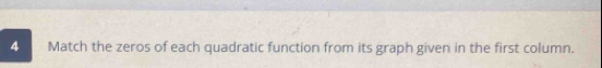 Match the zeros of each quadratic function from its graph given in the first column.