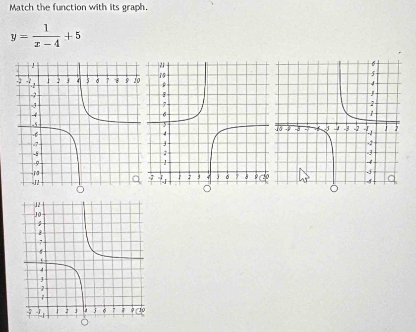 Match the function with its graph.
y= 1/x-4 +5