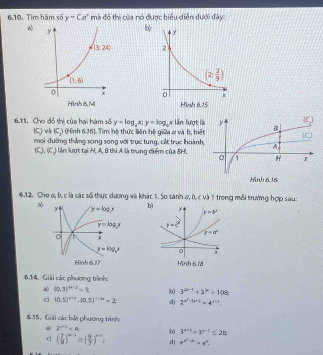 Tìm hàm số y=C.a^x mà đồ thị của nó được biểu diễn dưới đây:
a)
b)
 
 
6.11. Cho đồ thị của hai hàm số y=log _ax;y=log _bx lần lượt l
(C,) và (C,) (Hình 6.16). Tìm hệ thức liên hệ giữa a và b, biế
mọi đường thắng song song với trục tung, cắt trục hoành
(C,), (C,) lần lượt tại H, A, B thì A là trung điểm của BH.
6.12. Cho a, b, c là các số thực dương và khác 1. So sánh a, b, c và 1 trong mỗi trường hợp sau:
a)
 
 
6.14. Giải các phương trình:
a) (0,3)^3x-2=t,
b) 3^(2x-1)+3^(2x)=108;
c) (0,5)^x+7,(0,5)^1-2x=2; d) 2^(x^2)-3x+2=4^(x+1).
6.15. Giải các bất phương trình:
a) 2^(x+3)<4;
b) 3^(x+2)+3^(x-1)≤ 28;
c) ( 7/9 )^2x-2≥ ( 9/7 )^x+1 d) e^(x^2)-2x>e^x.