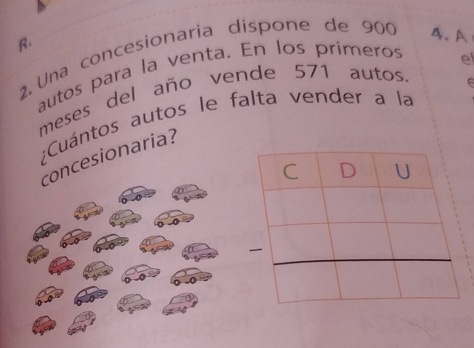 Una concesionaria dispone de 900 A.A 
autos para la venta. En los primeros 
el 
meses del año vende 571 autos. 
¿Cuántos autos le falta vender a la 
concesionaria?