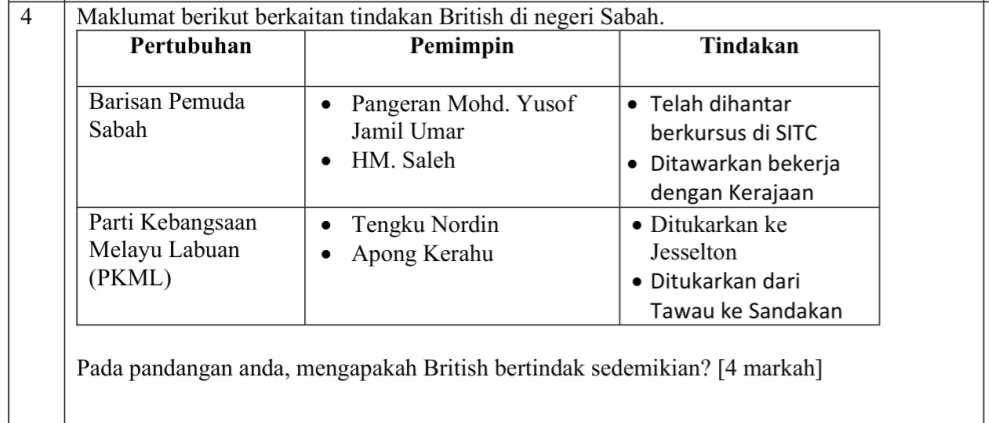 Maklumat berikut berkaitan tindakan British di negeri Sabah. 
Pada pandangan anda, mengapakah British bertindak sedemikian? [4 markah]