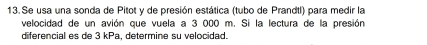 Se usa una sonda de Pitot y de presión estática (tubo de Prandtl) para medir la 
velocidad de un avión que vuela a 3 000 m. Si la lectura de la presión 
diferencial es de 3 kPa, determine su velocidad.