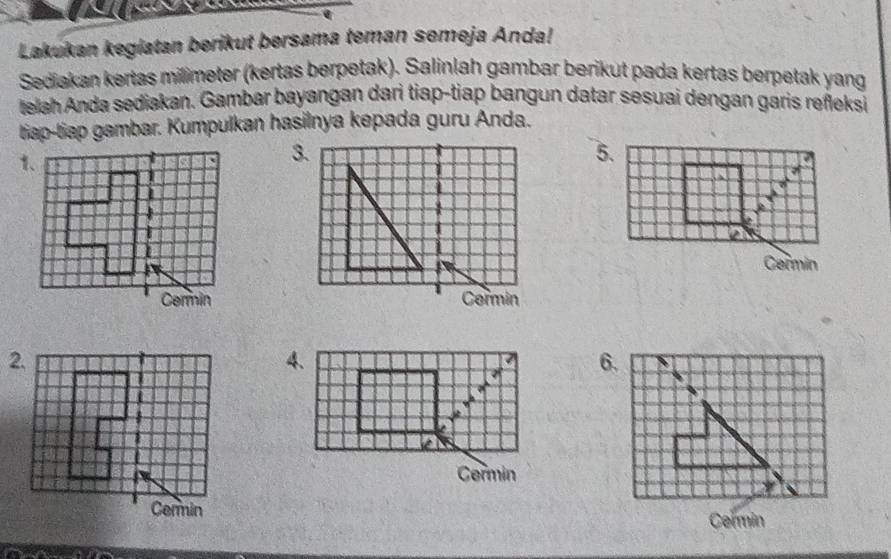 Lakukan kegiatan berikut bersama teman semeja Anda! 
Sediakan kertas milimeter (kertas berpetak). Salinlah gambar berikut pada kertas berpetak yang 
telah Anda sediakan. Gambar bayangan dari tiap-tiap bangun datar sesuai dengan garis reñleksi 
tiap-tiap gambar. Kumpulkan hasilnya kepada guru Anda. 
3. 
5. 
Germin 
Cormin 
4. 
6. 
Cermin 
Cermin