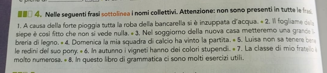 Nelle seguenti frasi sottolinea i nomi collettivi. Attenzione: non sono presenti in tutte le frasi 
1. A causa della forte pioggia tutta la roba della bancarella si è inzuppata d'acqua. • 2. Il fogliame della 
siepe è così fitto che non si vede nulla.• 3. Nel soggiorno della nuova casa metteremo una grande . 
breria di legno. • 4. Domenica la mia squadra di calcio ha vinto la partita. • 5. Luisa non sa tenere bere 
le redini del suo pony. ● 6. In autunno i vigneti hanno dei colori stupendi. • 7. La classe di mio fratello 
molto numerosa. · 8. In questo libro di grammatica ci sono molti esercizi utili.