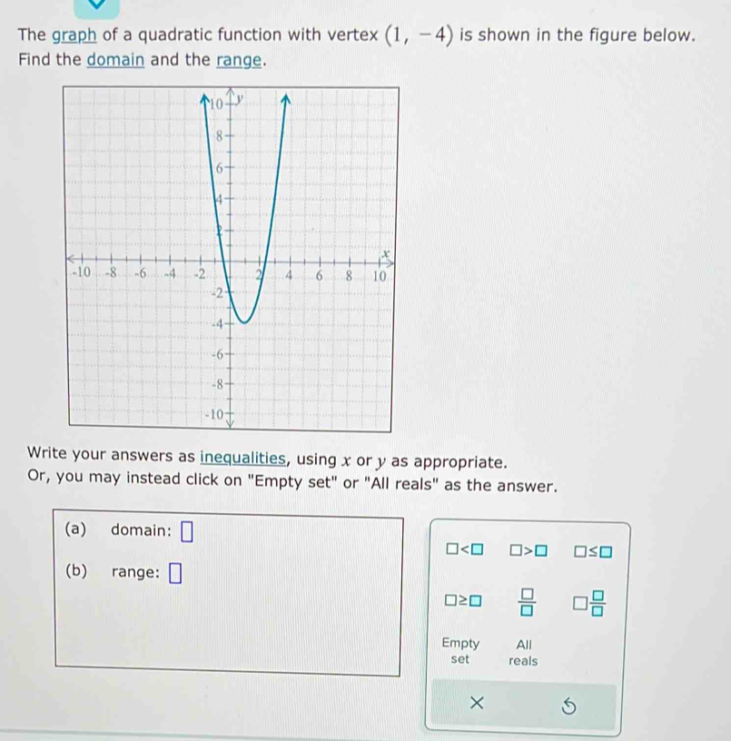 The graph of a quadratic function with vertex (1,-4) is shown in the figure below.
Find the domain and the range.
Write your answers as inequalities, using x or y as appropriate.
Or, you may instead click on "Empty set" or "All reals" as the answer.
(a) domain: □
□ □ >□ □ ≤ □
(b) range: □
□ ≥ □  □ /□   □  □ /□  
Empty All
set reals
×