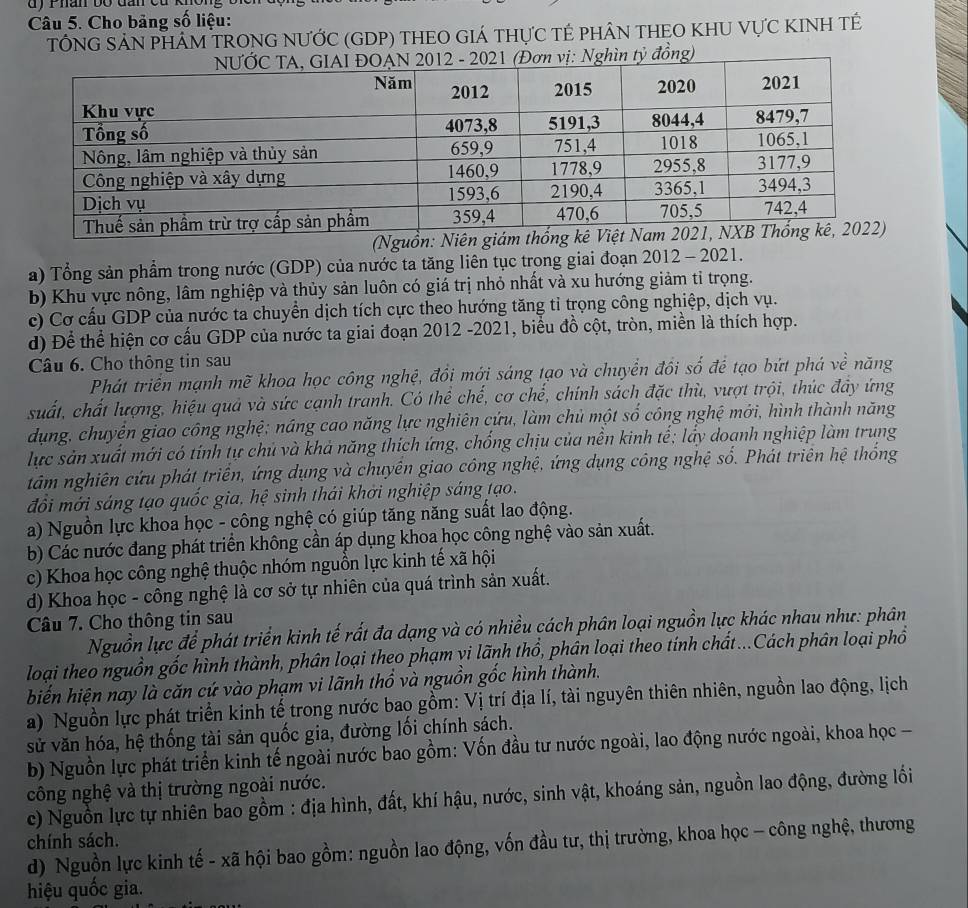 Cho bảng số liệu:
TÔNG SẢN PHÂM TRONG NƯỚC (GDP) THEO GIÁ THựC TÉ PHÂN THEO KHU VựC KINH TÉ
tỷ đồng)
a) Tổng sản phẩm trong nước (GDP) của nước ta tăng liên tục trong giai đoạn 2012 - 2021.
b) Khu vực nông, lâm nghiệp và thủy sản luôn có giá trị nhỏ nhất và xu hướng giảm tỉ trọng.
c) Cơ cấu GDP của nước ta chuyển dịch tích cực theo hướng tăng tỉ trọng công nghiệp, dịch vụ.
d) Để thể hiện cơ cấu GDP của nước ta giai đoạn 2012 -2021, biểu đồ cột, tròn, miền là thích hợp.
Câu 6. Cho thông tin sau
Phát triển mạnh mẽ khoa học công nghệ, đồi mới sáng tạo và chuyển đồi số để tạo bứt phá về năng
suất, chất lượng, hiệu quả và sức cạnh tranh. Có thể chế, cơ chế, chính sách đặc thù, vượt trội, thúc đây ứng
dụng, chuyển giao công nghệ; náng cao năng lực nghiên cứu, làm chủ một số công nghệ mới, hình thành năng
lực sản xuất mới có tính tự chủ và khả năng thích ứng, chống chịu của nền kinh tế; lấy doanh nghiệp làm trung
tâm nghiên cứu phát triển, ứng dụng và chuyên giao công nghệ, ứng dụng công nghệ số. Phát triên hệ thống
đổi mới sáng tạo quốc gia, hệ sinh thái khởi nghiệp sáng tạo.
a) Nguồn lực khoa học - công nghệ có giúp tăng năng suất lao động.
b) Các nước đang phát triển không cần áp dụng khoa học công nghệ vào sản xuất.
c) Khoa học công nghệ thuộc nhóm nguồn lực kinh tế xã hội
d) Khoa học - công nghệ là cơ sở tự nhiên của quá trình sản xuất.
Câu 7. Cho thông tin sau
Nguồn lực để phát triển kinh tế rất đa dạng và có nhiều cách phân loại nguồn lực khác nhau như: phân
loại theo nguồn gốc hình thành, phân loại theo phạm vi lãnh thổ, phân loại theo tính chất...Cách phân loại phổ
biến hiện nay là căn cứ vào phạm vi lãnh thổ và nguồn gốc hình thành.
a) Nguồn lực phát triển kinh tế trong nước bao gồm: Vị trí địa lí, tài nguyên thiên nhiên, nguồn lao động, lịch
sử văn hóa, hệ thống tài sản quốc gia, đường lối chính sách.
b) Nguồn lực phát triển kinh tế ngoài nước bao gồm: Vốn đầu tư nước ngoài, lao động nước ngoài, khoa học -
công nghệ và thị trường ngoài nước.
c) Nguồn lực tự nhiên bao gồm : địa hình, đất, khí hậu, nước, sinh vật, khoáng sản, nguồn lao động, đường lối
chính sách.
d) Nguồn lực kinh tế - xã hội bao gồm: nguồn lao động, vốn đầu tư, thị trường, khoa học - công nghệ, thương
hiệu quốc gia.