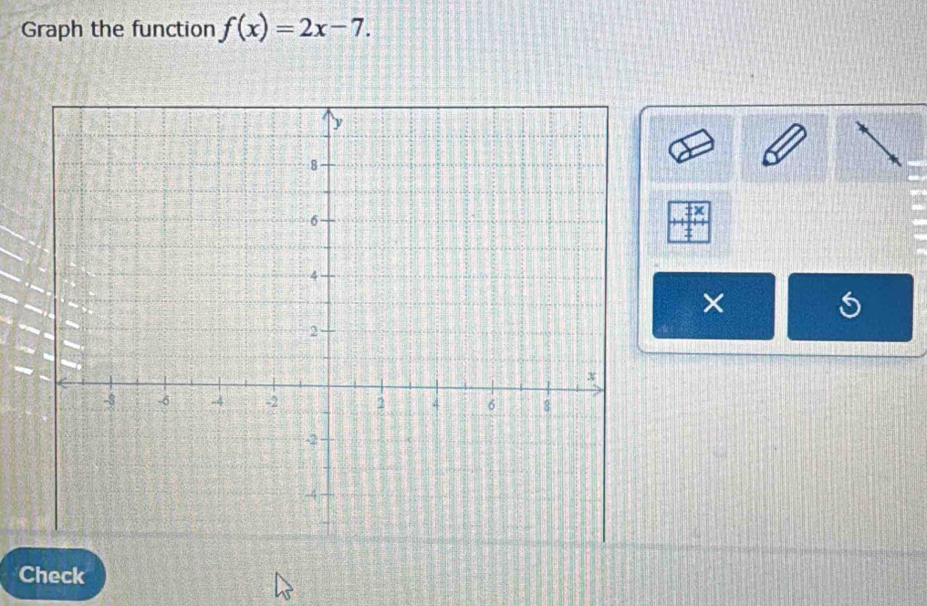 Graph the function f(x)=2x-7. 
×
6
Check