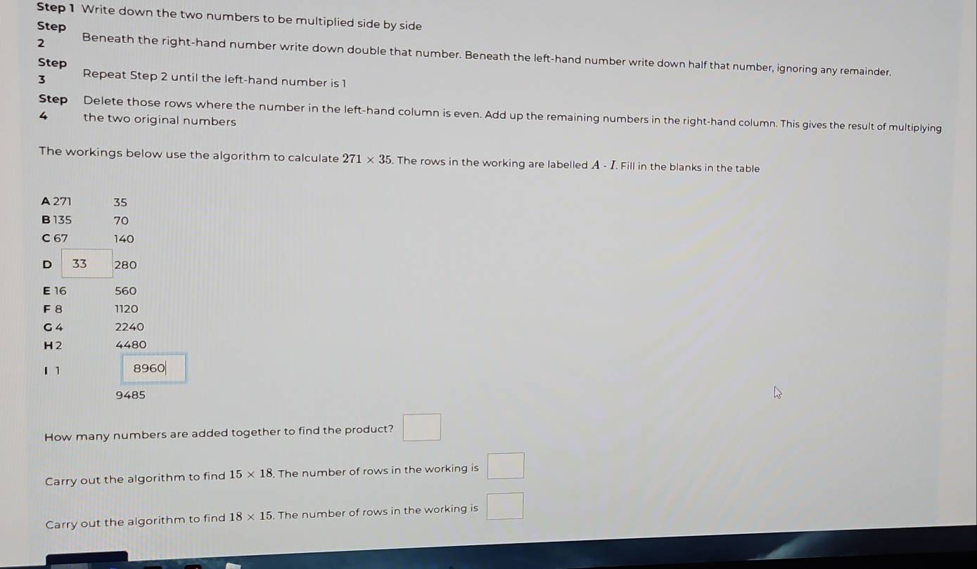 Write down the two numbers to be multiplied side by side
Step
2 Beneath the right-hand number write down double that number. Beneath the left-hand number write down half that number, ignoring any remainder.
Step
3 Repeat Step 2 until the left-hand number is 1
Step Delete those rows where the number in the left-hand column is even. Add up the remaining numbers in the right-hand column. This gives the result of multiplying
4 the two original numbers
The workings below use the algorithm to calculate 271* 35. The rows in the working are labelled A - I. Fill in the blanks in the table
A271 35
B 135 70
C 67 140
D 33 280
E 16 560
F 8 1120
G 4 2240
H 2 4480
[ 1 8960|
9485
How many numbers are added together to find the product? □ 
Carry out the algorithm to find 15* 18 The number of rows in the working is □
Carry out the algorithm to find 18* 15. The number of rows in the working is □