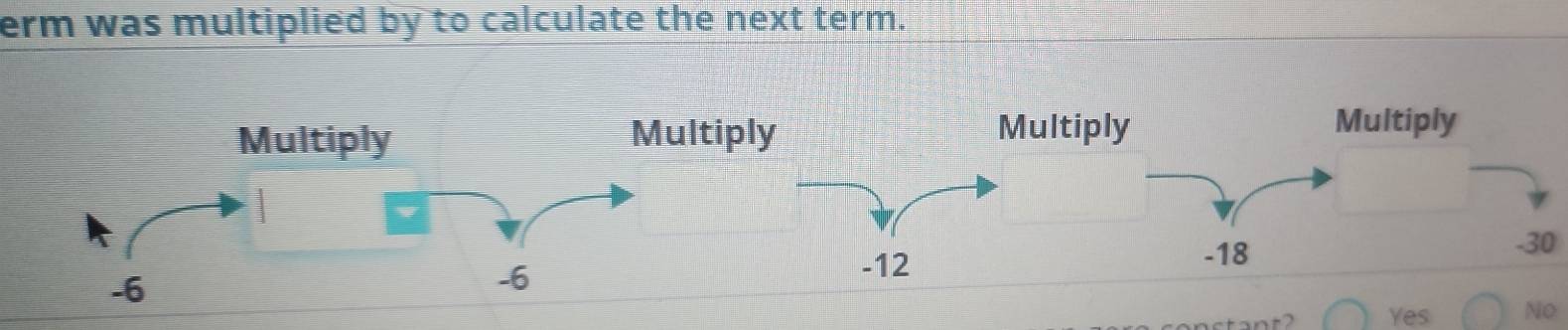 erm was multiplied by to calculate the next term.
tiply Multiply
Multiply
-30
-12 -18
Yes No